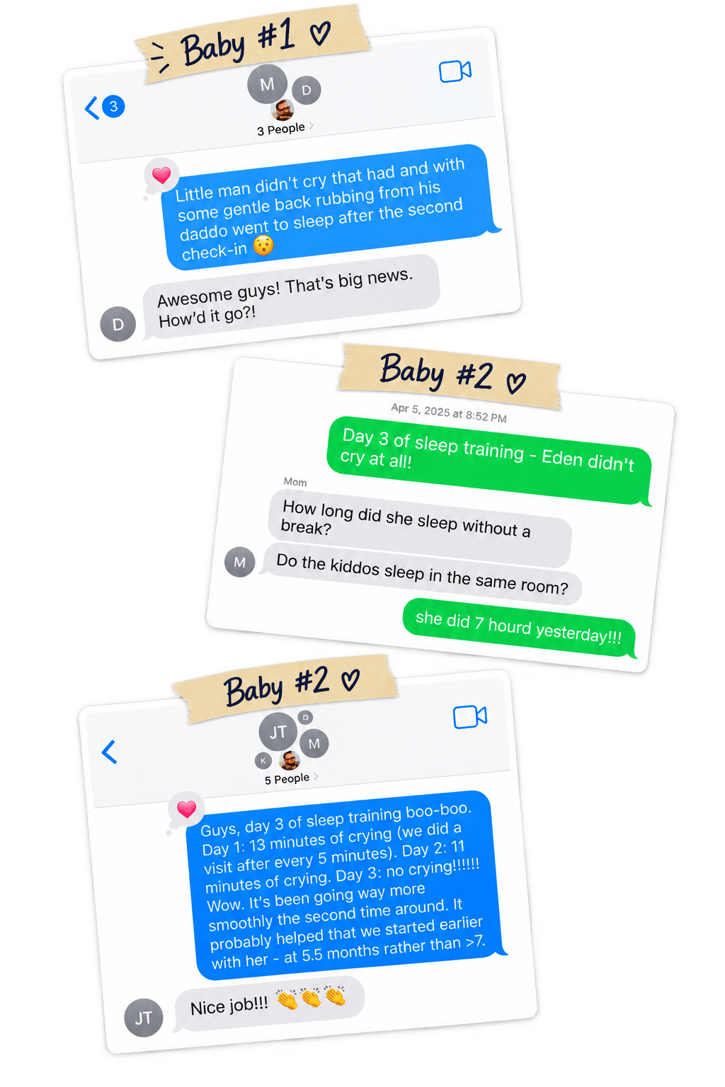 Collage of real text messages from our sleep training experience with both babies
