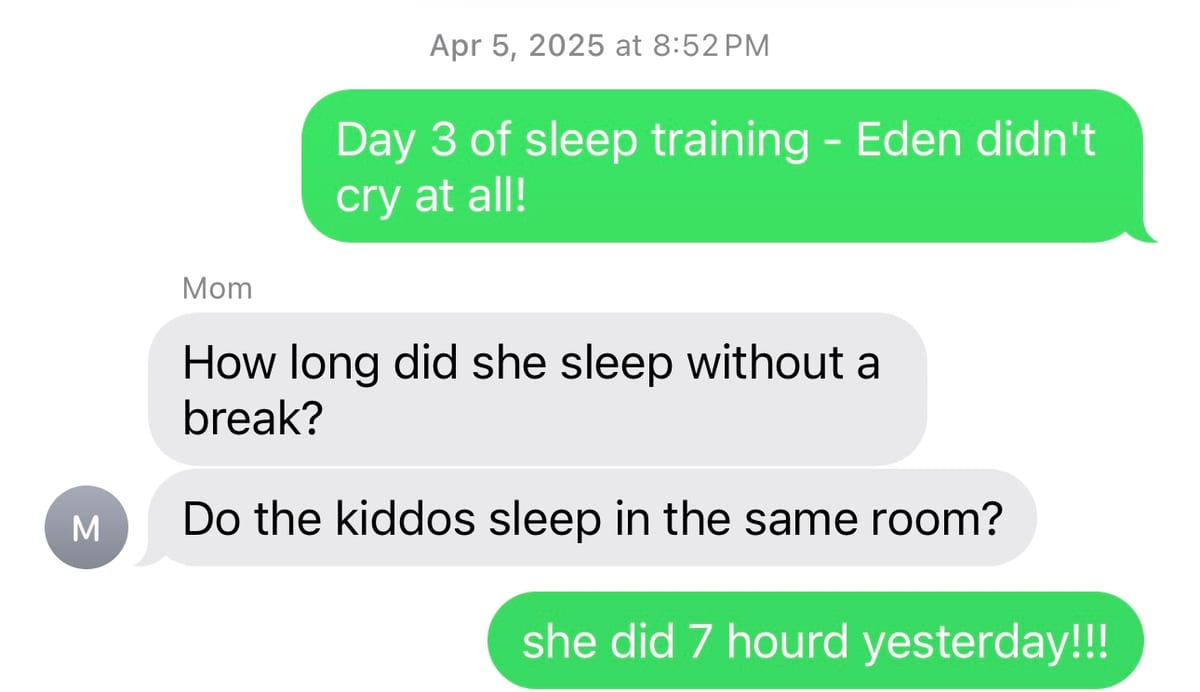 Text update from day three of sleep training our second baby