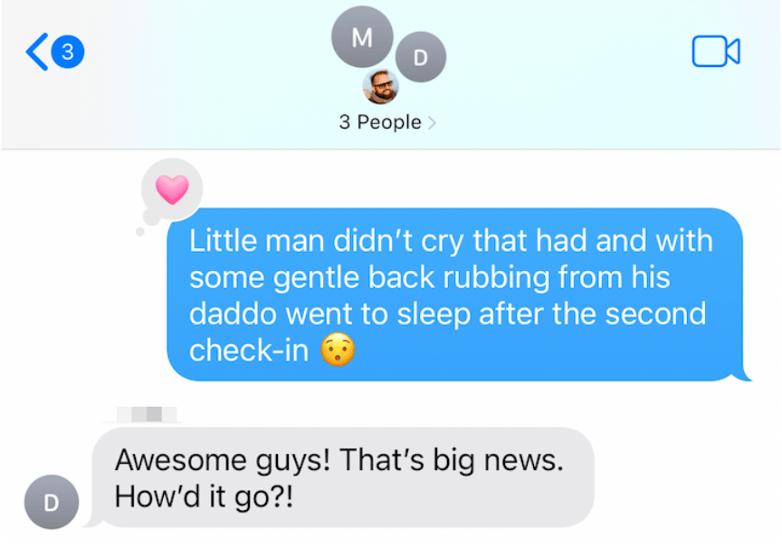 Text messages we sent friends while using our sleep training method with our first baby in 2022